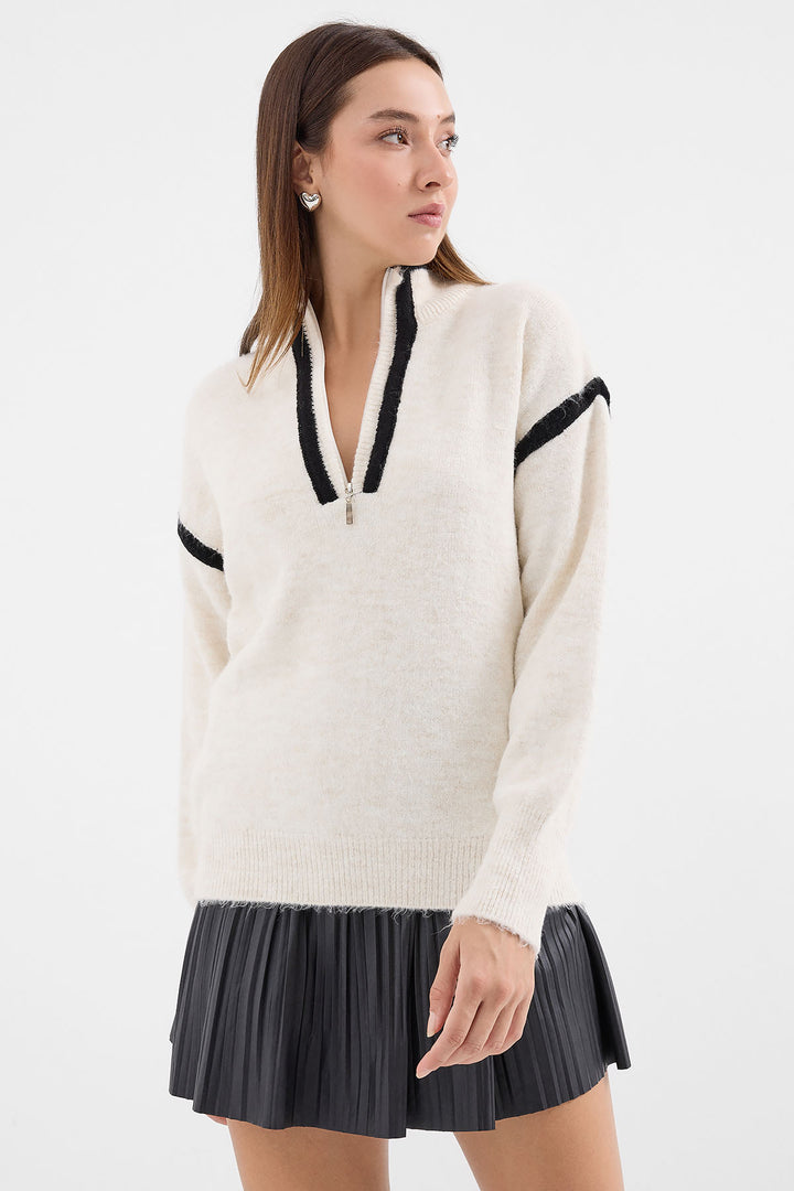 BGD Women Zippered Oversized Sweater - Ecru - Avondale