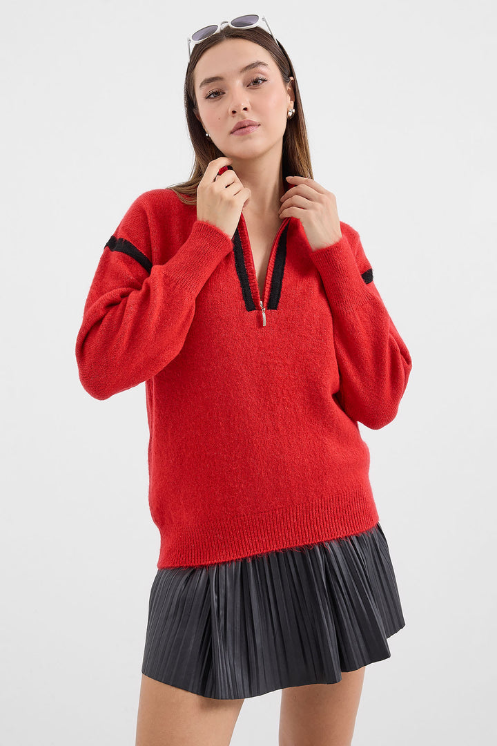 BGD Women Zippered Oversized Sweater - Red - Avondale