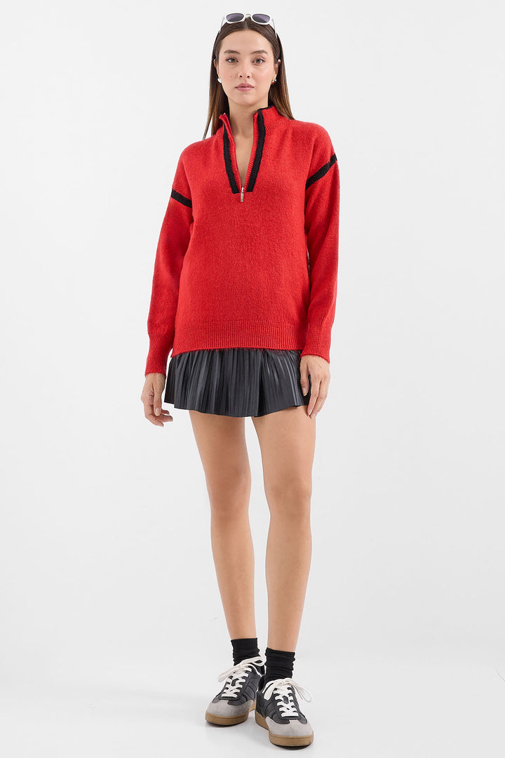 BGD Women Zippered Oversized Sweater - Red - Avondale