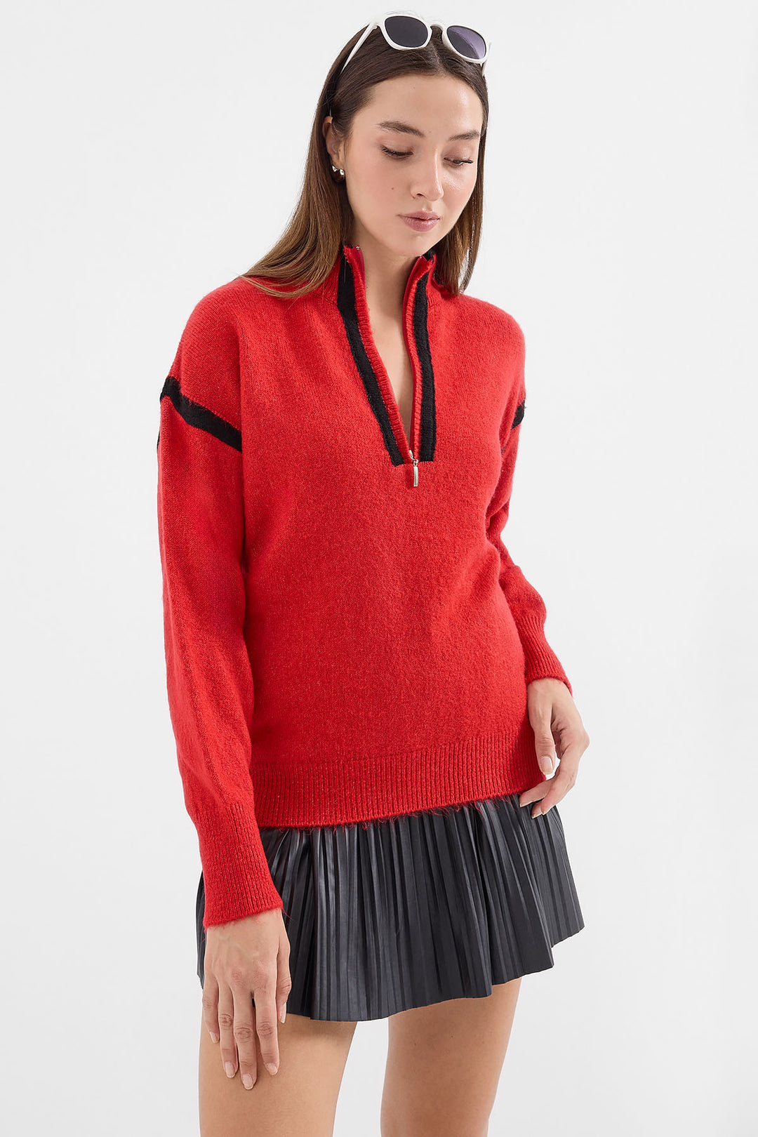 BGD Women Zippered Oversized Sweater - Red - Avondale