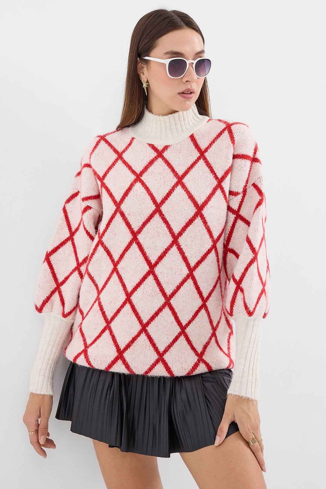 BGD Women Fisherman Collar Oversized Knit Sweater - Red - Avondale