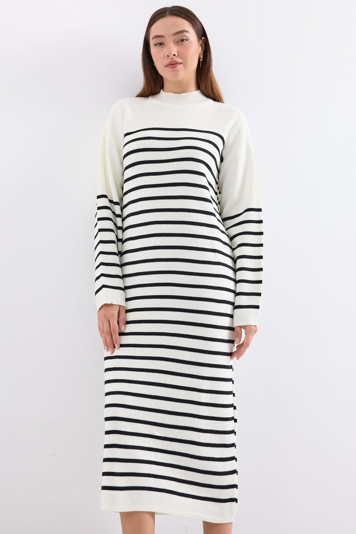 BGD Women Striped Long Knit Dress - Off-White - Avondale