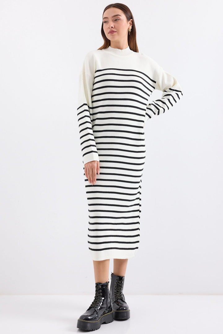 BGD Women Striped Long Knit Dress - Off-White - Avondale