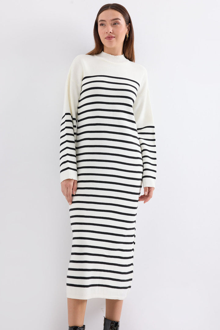 BGD Women Striped Long Knit Dress - Off-White - Avondale