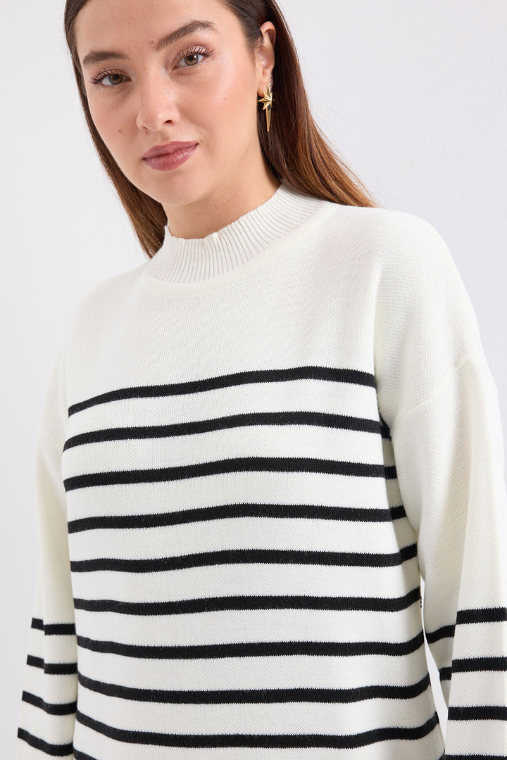 BGD Women Striped Long Knit Dress - Off-White - Avondale