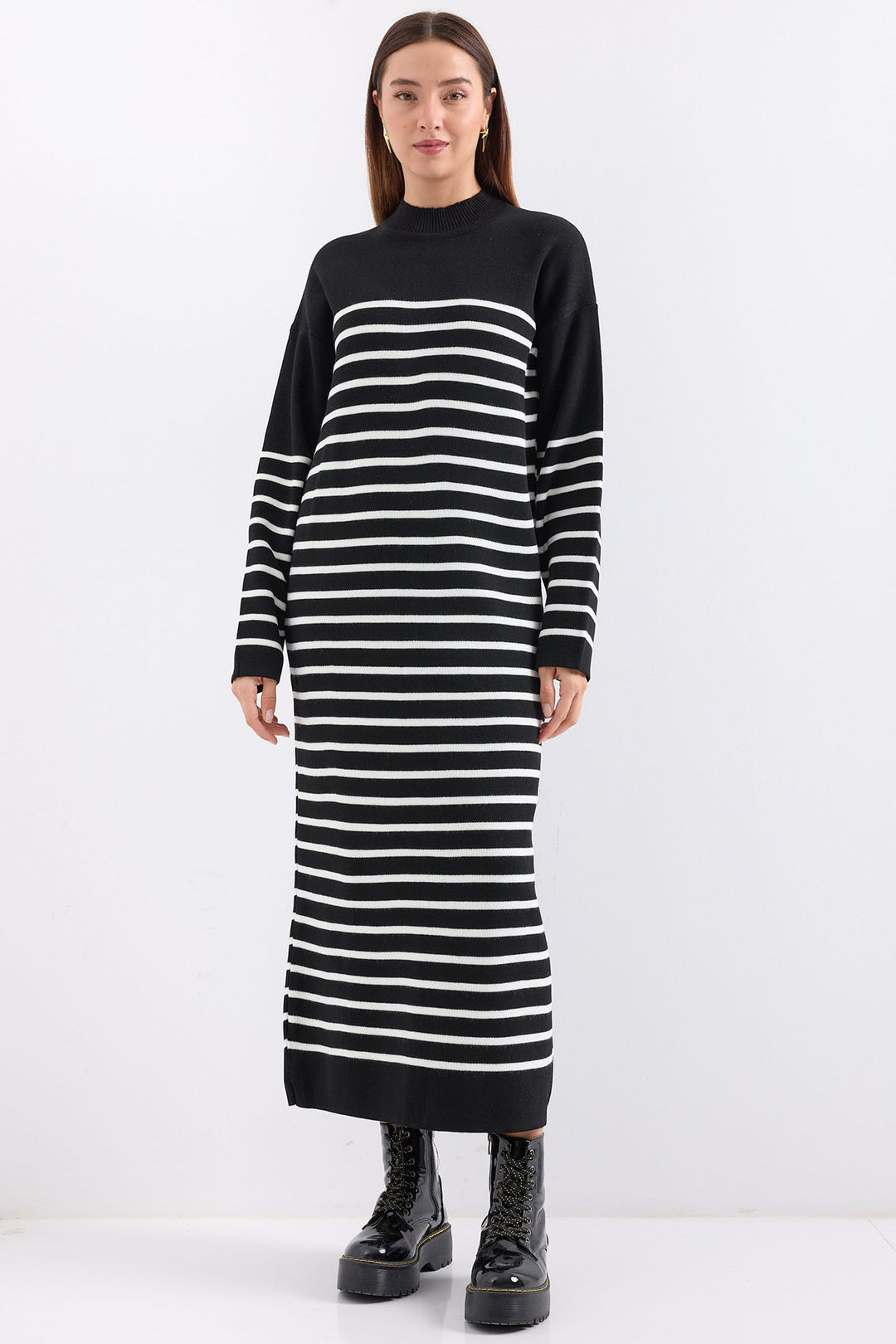 BGD Women Striped Long Knit Dress - Charcoal Black - Avondale