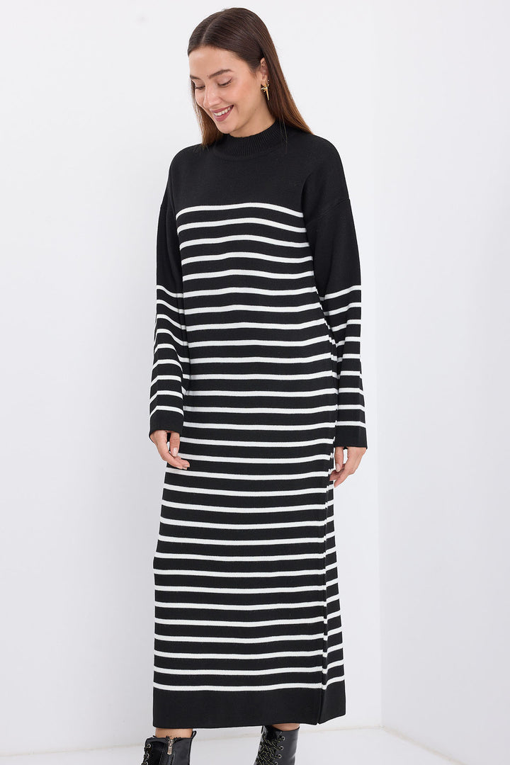 BGD Women Striped Long Knit Dress - Charcoal Black - Avondale