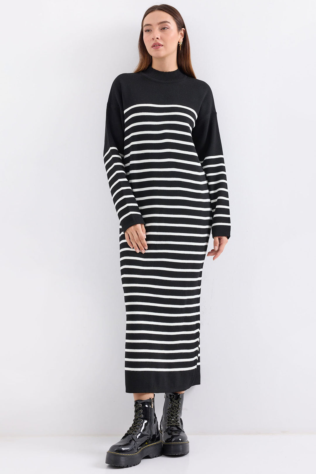 BGD Women Striped Long Knit Dress - Charcoal Black - Avondale