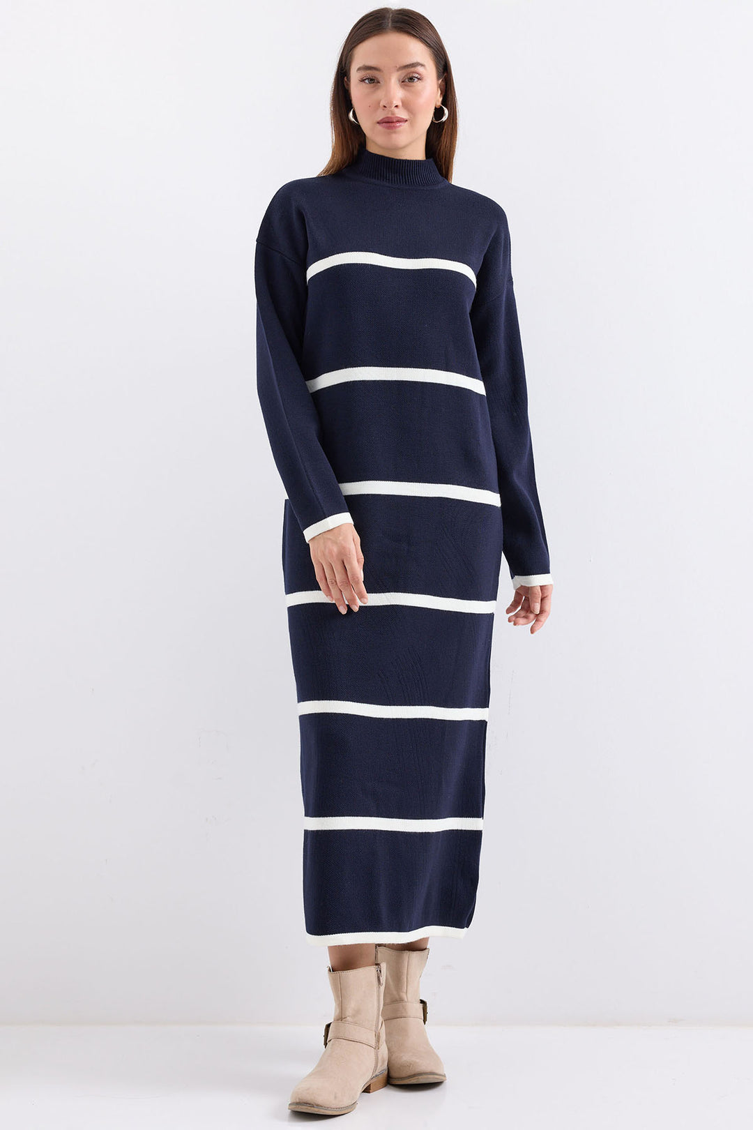 BGD Women Striped Long Knit Dress - Navy - Avondale