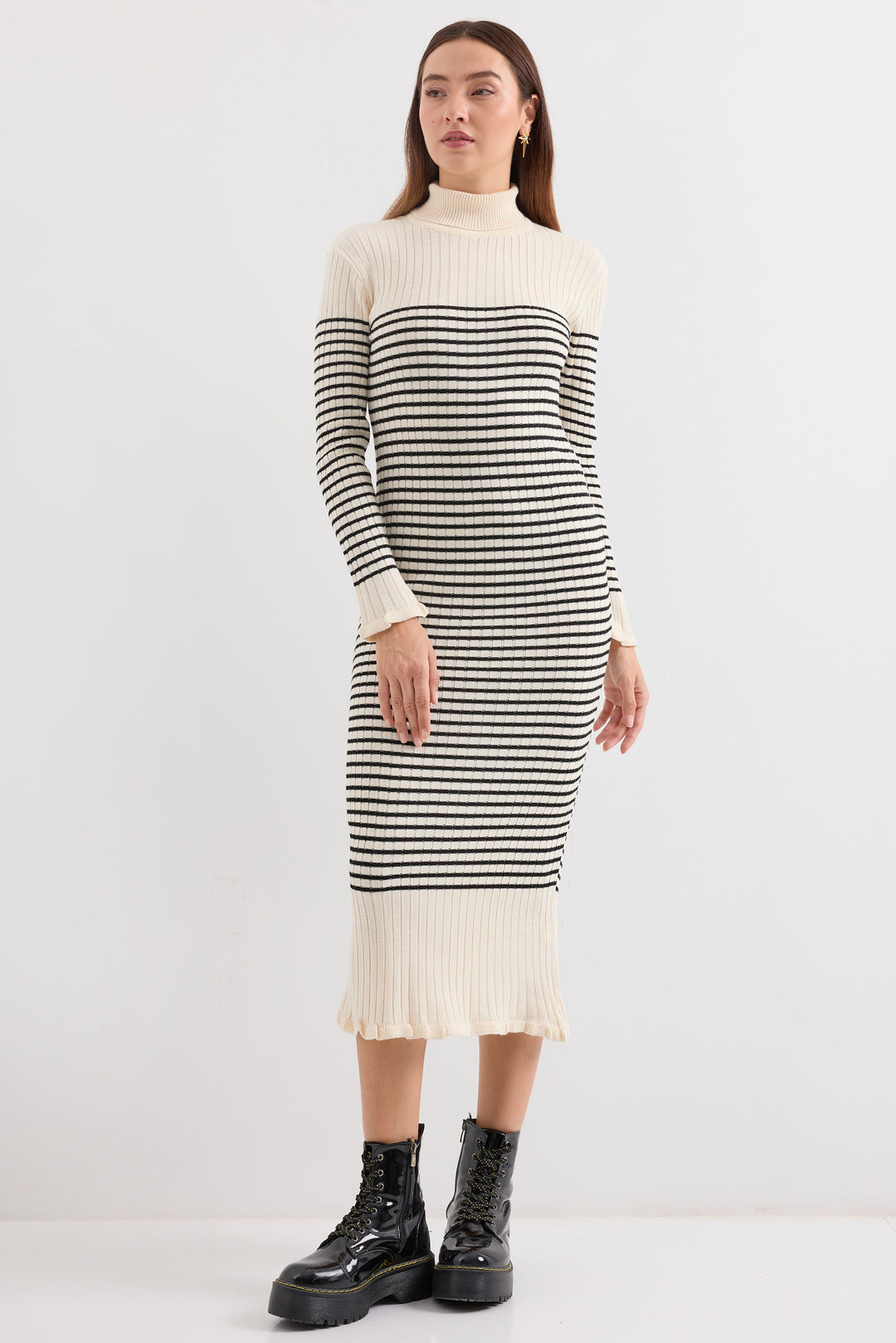 BGD Women Striped Long Knit Dress - Ecru - Avondale