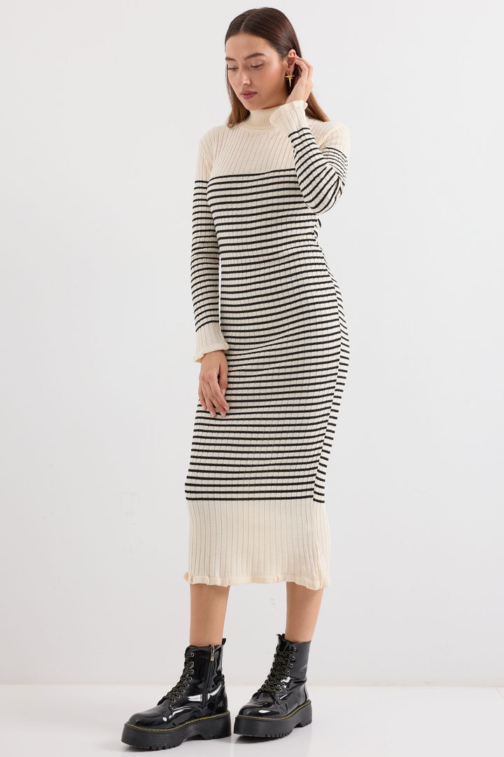 BGD Women Striped Long Knit Dress - Ecru - Avondale