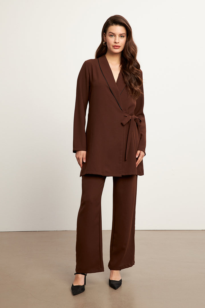 ZRF Women Two-Piece Suit with Striped Jacket - Brown - Cologne