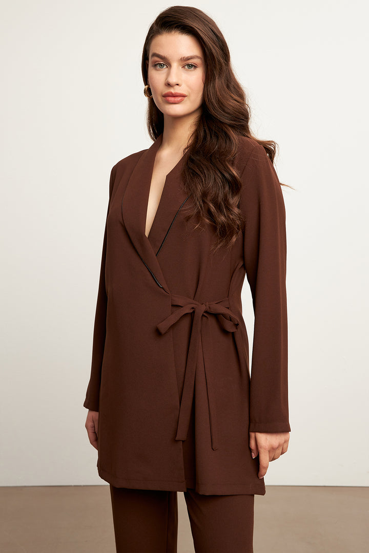 ZRF Women Two-Piece Suit with Striped Jacket - Brown - Cologne