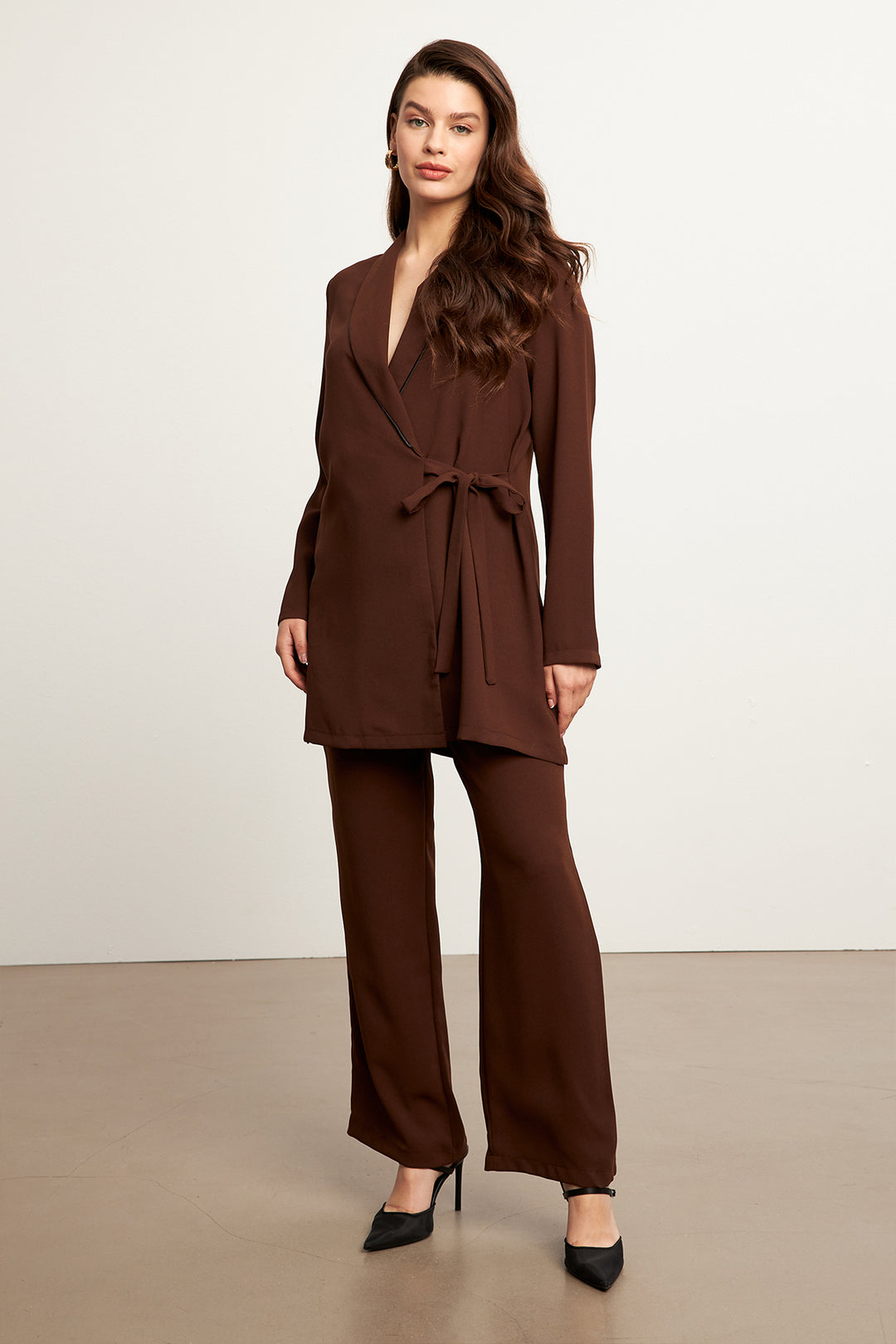 ZRF Women Two-Piece Suit with Striped Jacket - Brown - Cologne