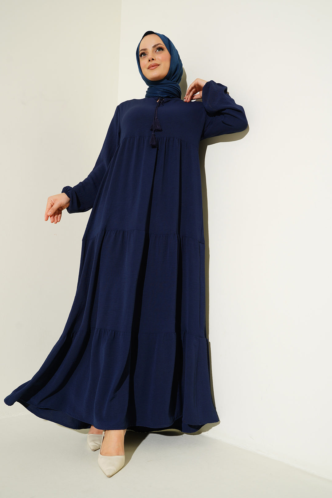 BGD Women Neck Tied Hijab Dress - Navy Blue - Avondale