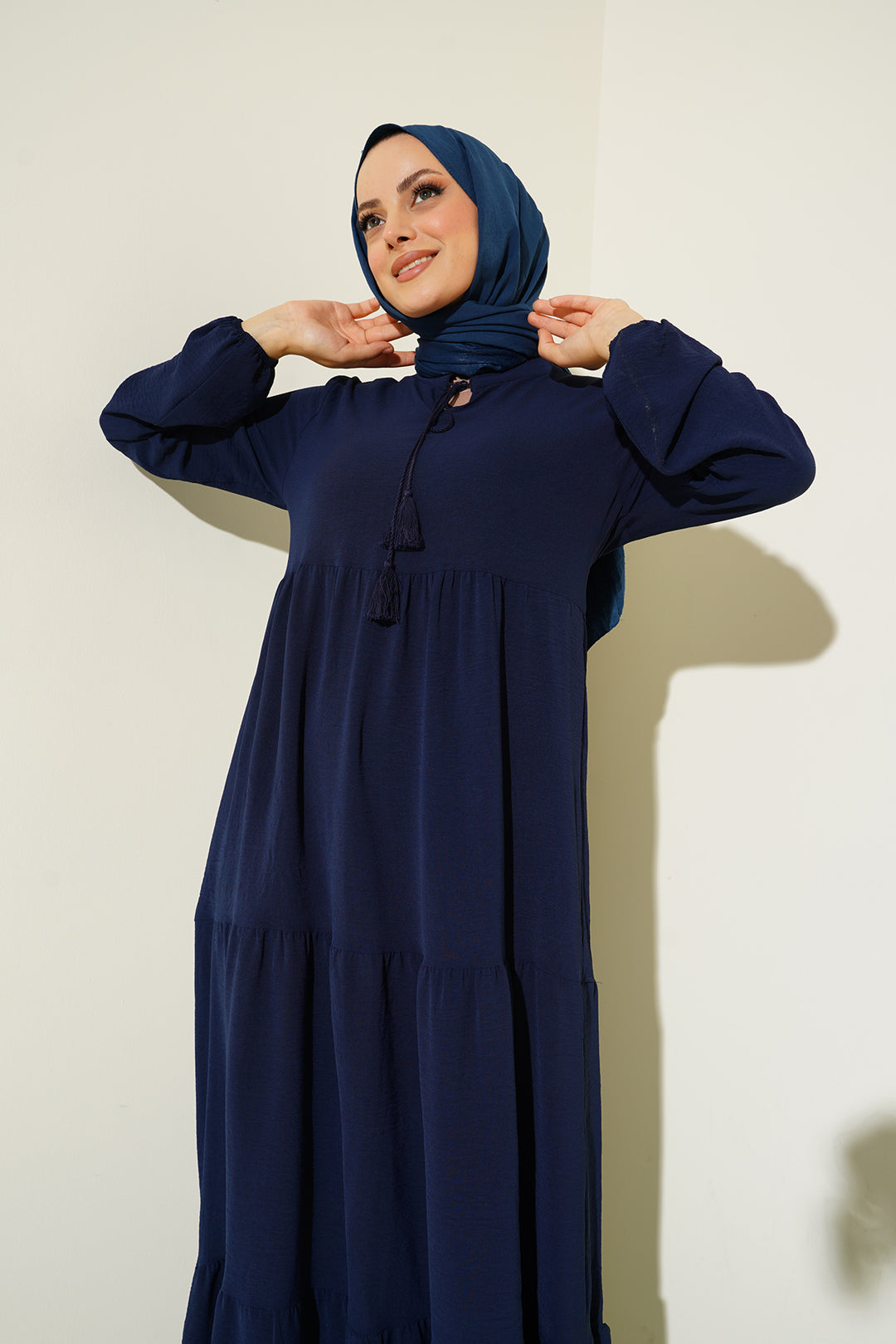 BGD Women Neck Tied Hijab Dress - Navy Blue - Avondale