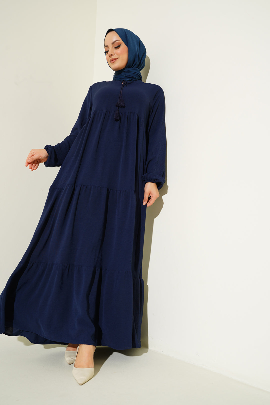 BGD Women Neck Tied Hijab Dress - Navy Blue - Avondale