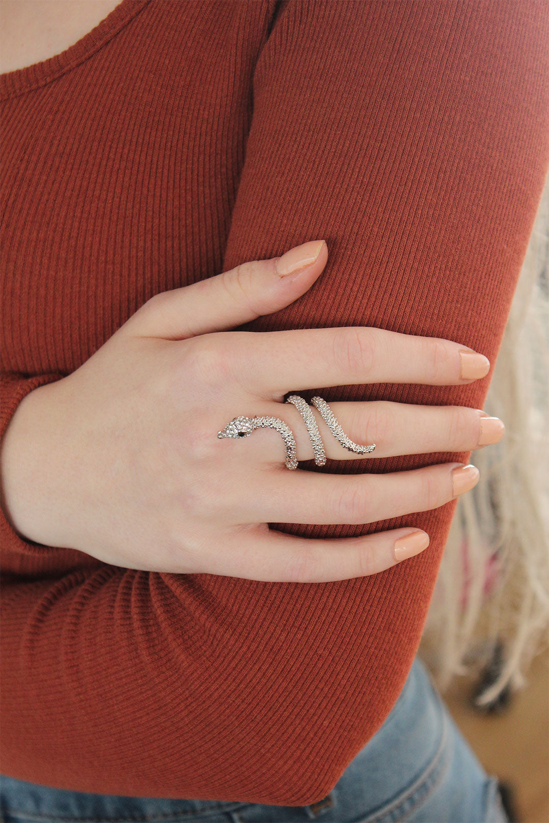 EBJ Adjustable Silver Color Snake Ring with Zircon Stone - Stonecrest