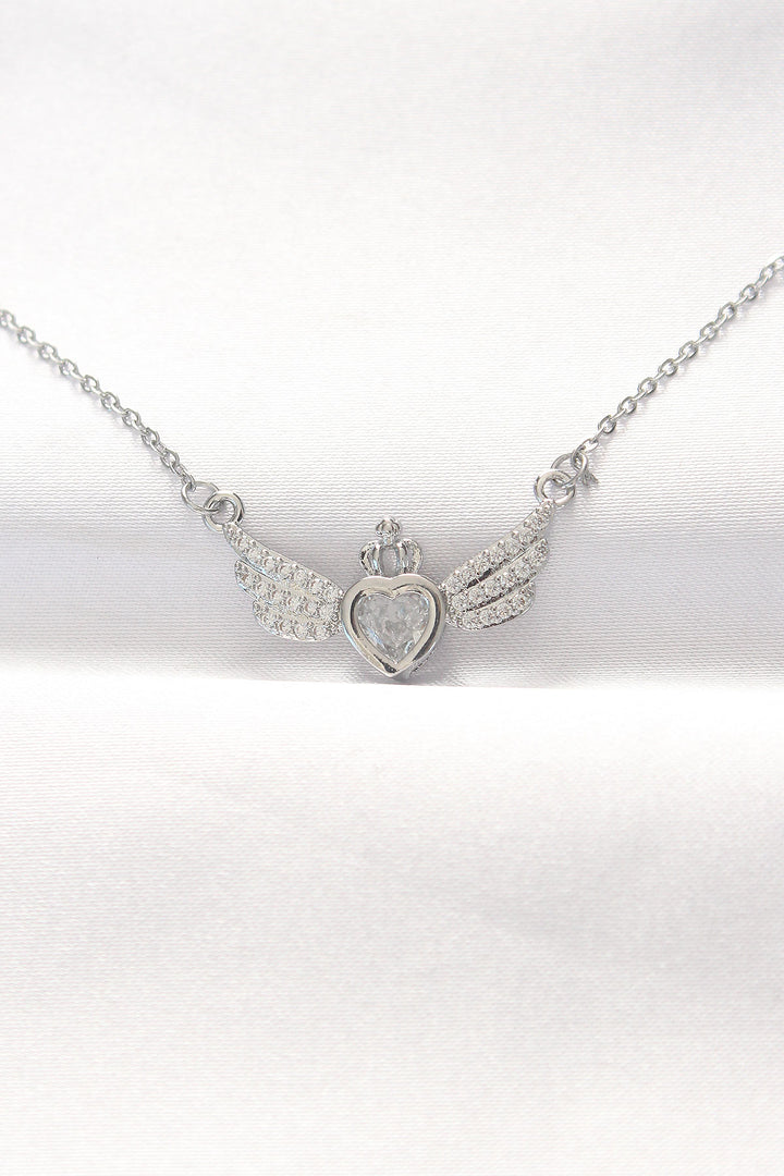 EBJ 316L Steel Silver Color Zircon Stone Heart Wing Necklace - Brentwood