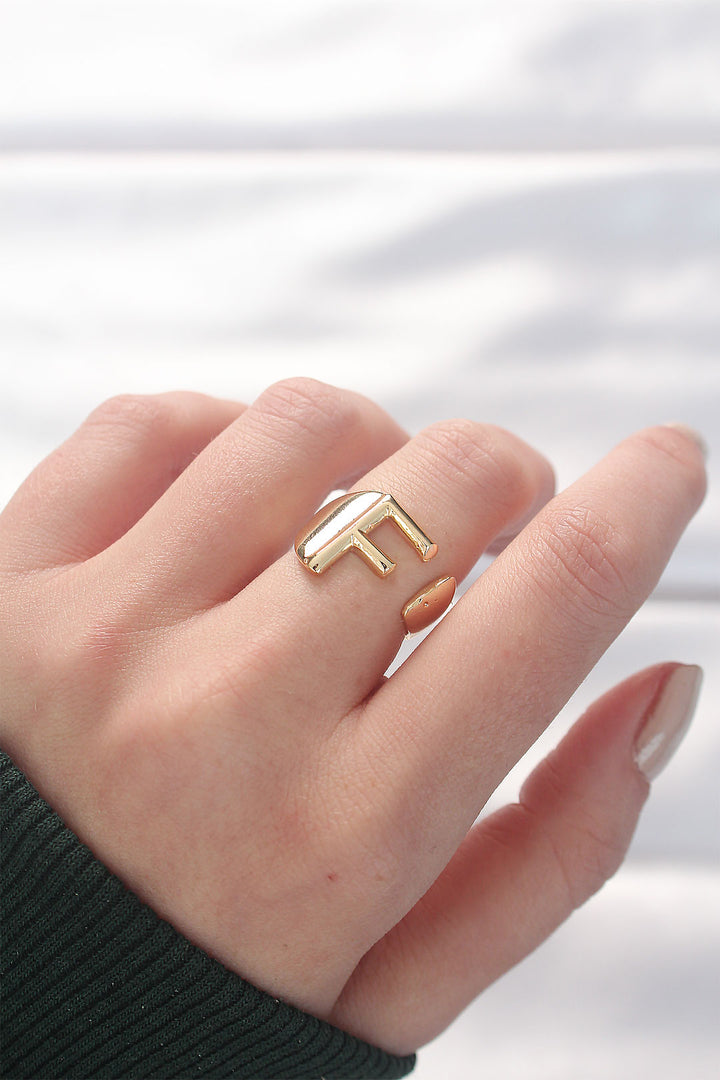 EBJ Adjustable Gold Color Ring with F Initial - Misterbianco