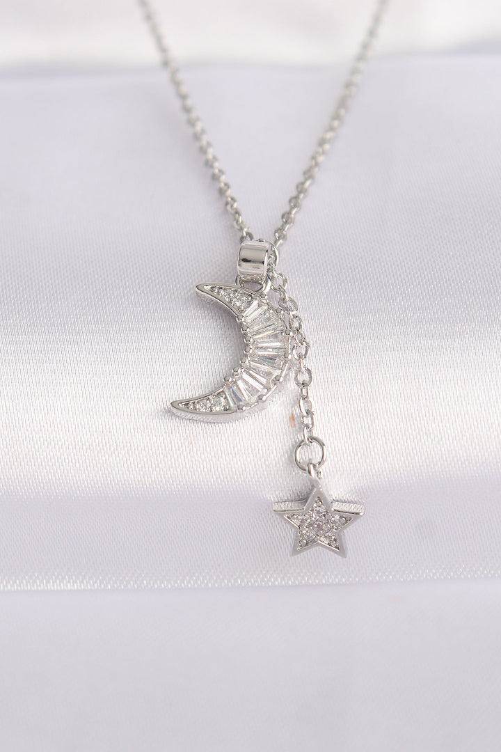 EBJ 316L Stainless Steel Chain Silver Color Zircon Stone Star and Crescent Necklace - Mableton