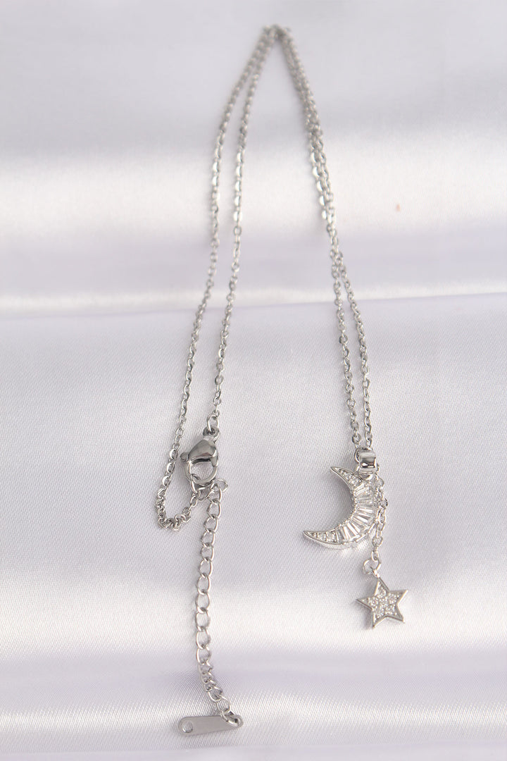 EBJ 316L Stainless Steel Chain Silver Color Zircon Stone Star and Crescent Necklace - Mableton