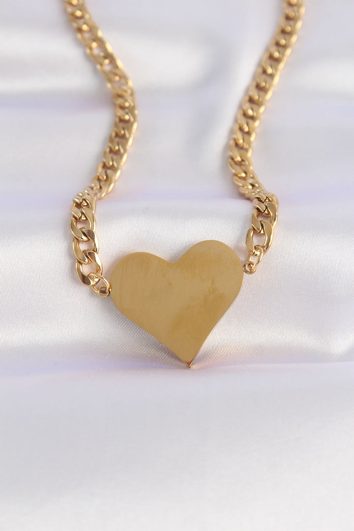 EBJ 316L Steel Chain Gold Color Flat Plate Heart Necklace - Asti