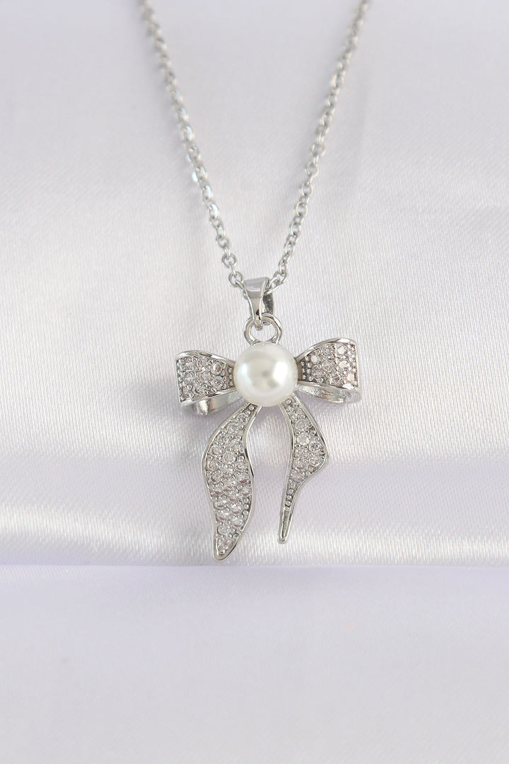 EBJ 316L Stainless Steel Chain with Zircon Stone Silver Color Pearl Detailed Bow Necklace - Milwaukee