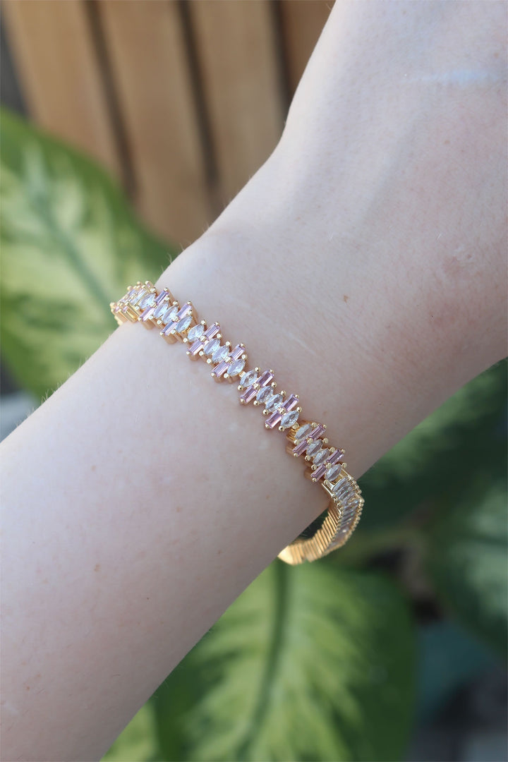 EBJ Vip Series Gold Color Baguette Model Bracelet with Pink Zircon Stone - Nogales