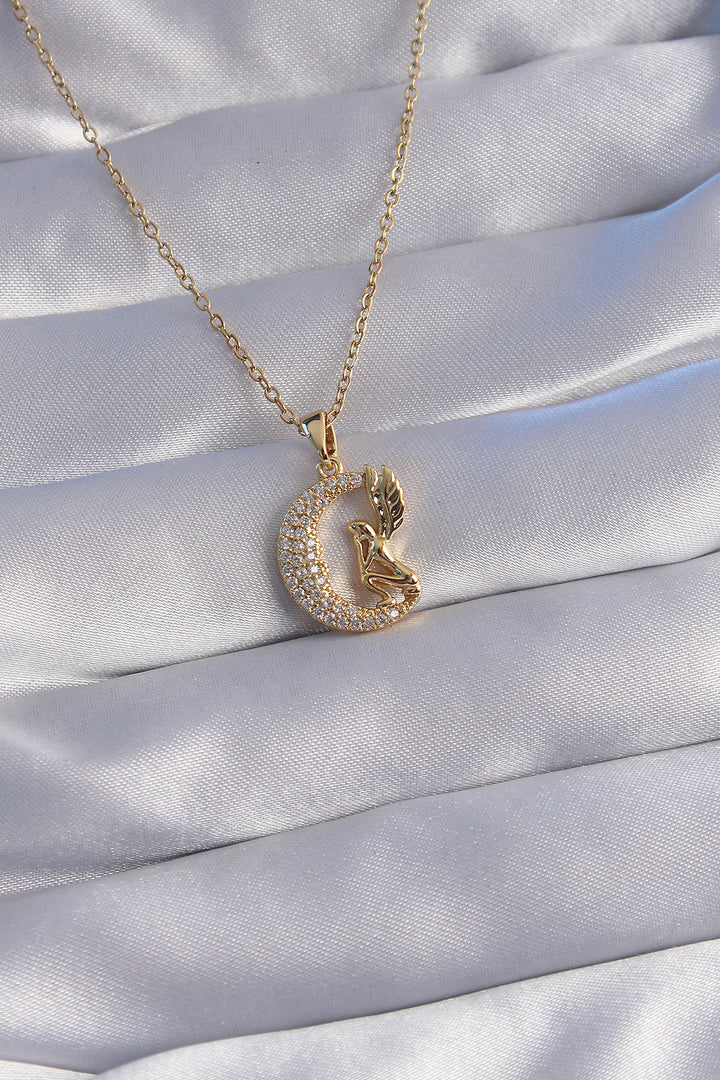 EBJ 316L Stainless Steel Chain Gold Color Bird Figure Zircon Stone Crescent Moon Design Necklace - Weslaco