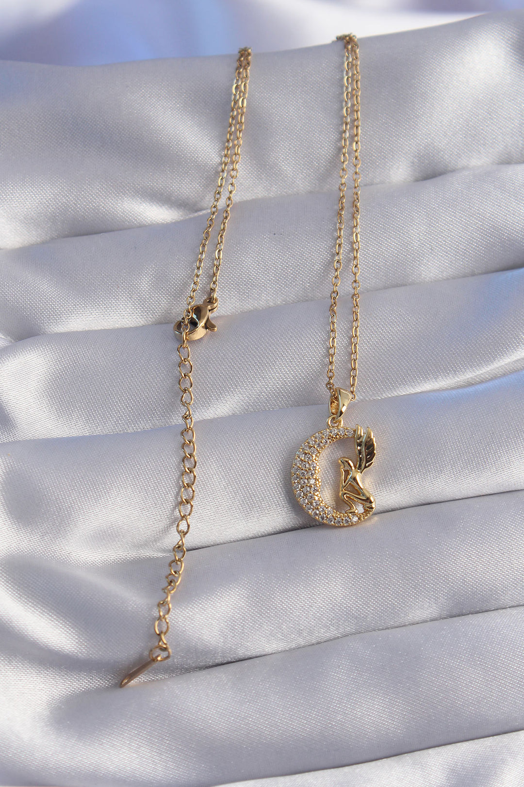 EBJ 316L Stainless Steel Chain Gold Color Bird Figure Zircon Stone Crescent Moon Design Necklace - Weslaco