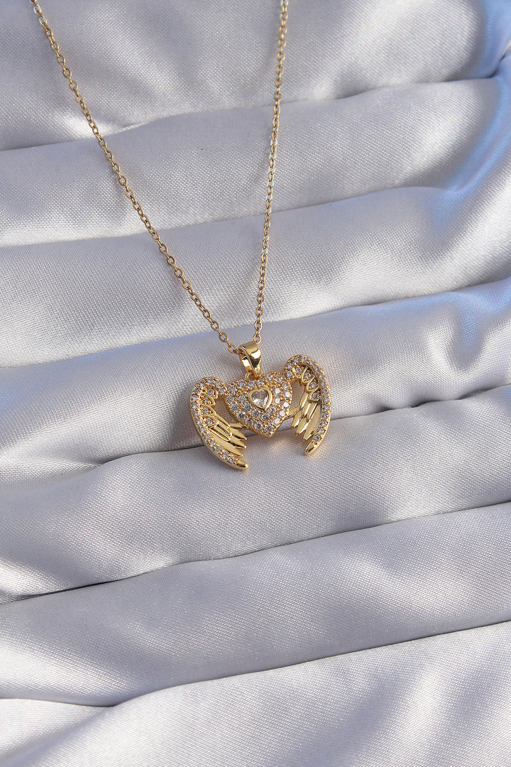 EBJ 316L Steel Chain Gold Color Zircon Stone Angel Winged Heart Necklace - Bismarck