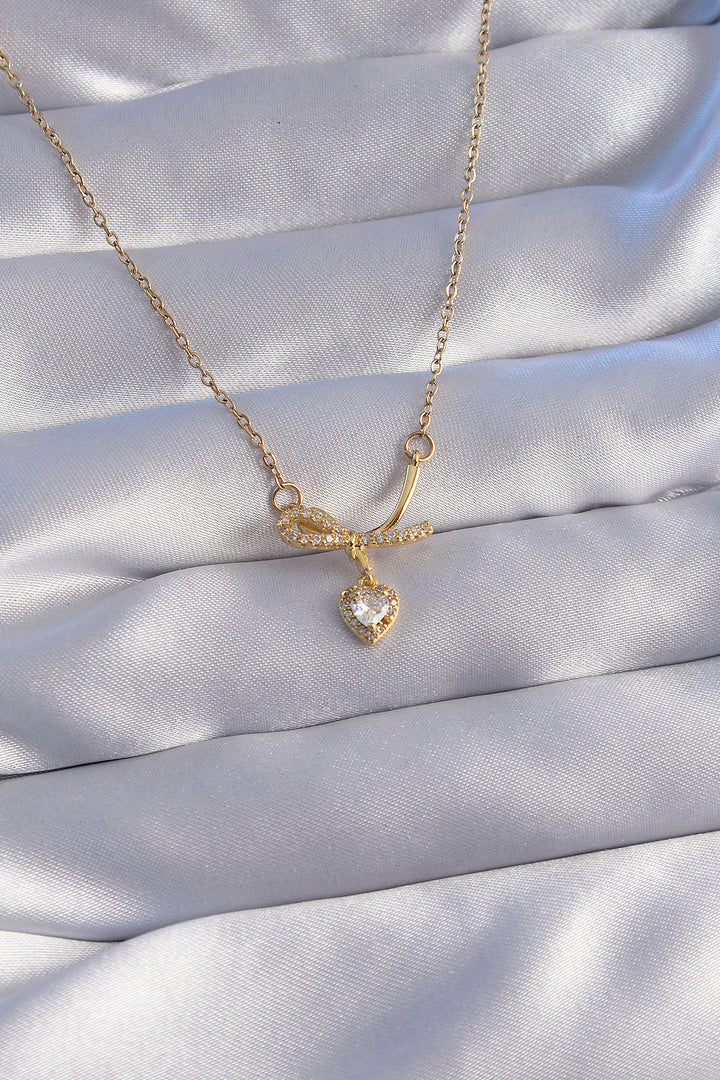 EBJ 316L Stainless Steel Chain Gold Color Zircon Stone Half Bow Heart Necklace - Oleksandriia