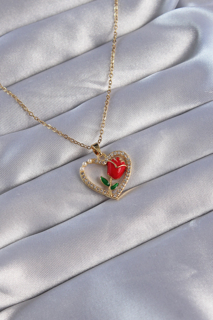 EBJ 316L Steel Chain Gold Color Zircon Stone Heart Inside Red Rose Designed Necklace - Welland