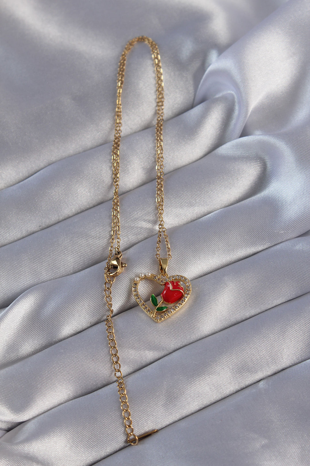 EBJ 316L Steel Chain Gold Color Zircon Stone Heart Inside Red Rose Designed Necklace - Welland