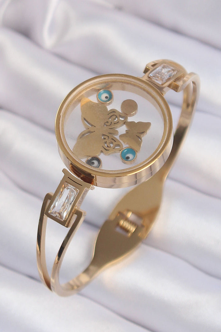 EBJ 316L Steel Gold Color Inside Butterfly and Evil Eye Figure Openable Bracelet Jar - Bentonville