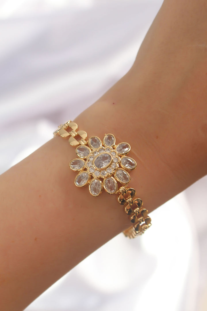 EBJ Rice Gold Color Bracelet with Large Zircon Stone Flower Figure - Ahaus