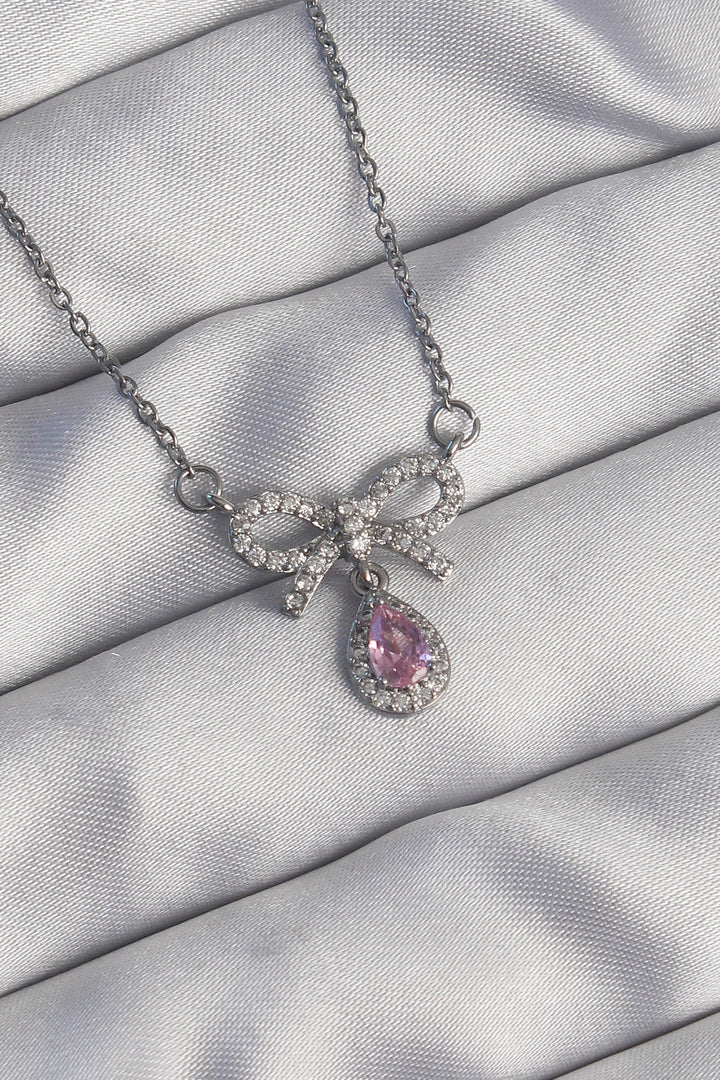 EBJ 316L Stainless Steel Silver Color Bow Detail Pink Zircon Stone Drop Necklace - Conroe