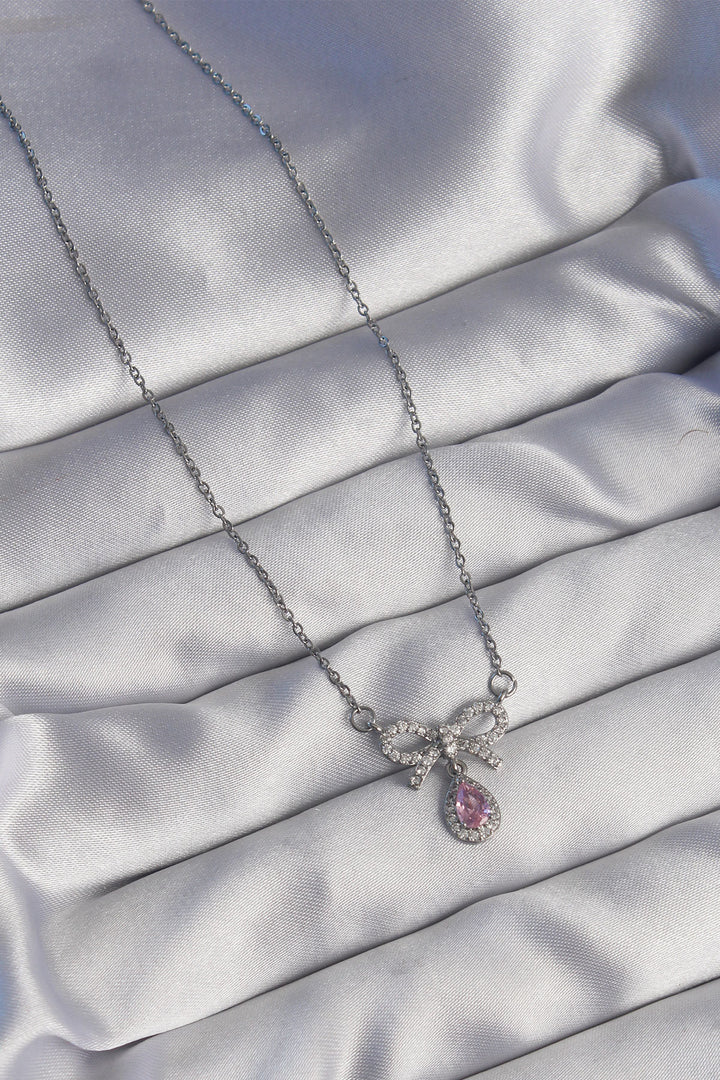 EBJ 316L Stainless Steel Silver Color Bow Detail Pink Zircon Stone Drop Necklace - Conroe