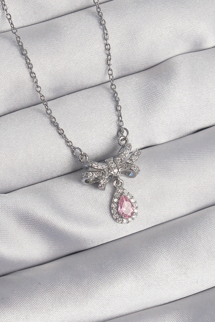 EBJ 316L Stainless Steel Silver Color Bow Detailed Pink Zircon Stone Drop Model Necklace - Charlotte