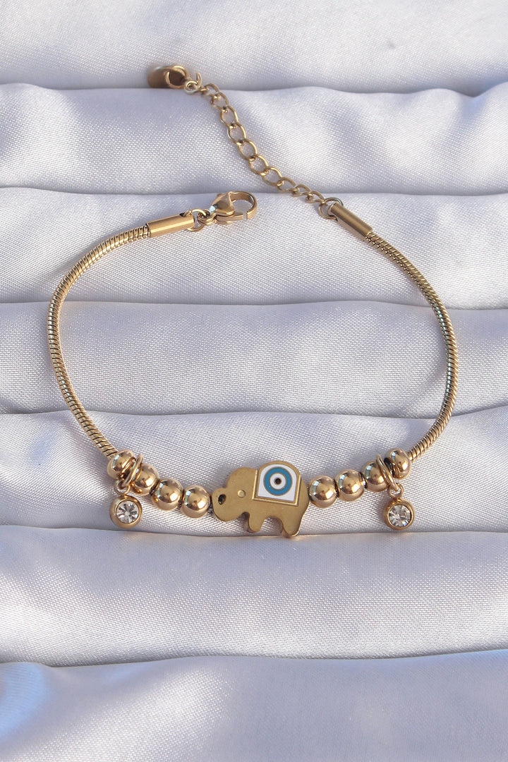 EBJ 316L Steel Gold Color Evil Eye Elephant Design Bracelet with Zircon Stone - Delaware