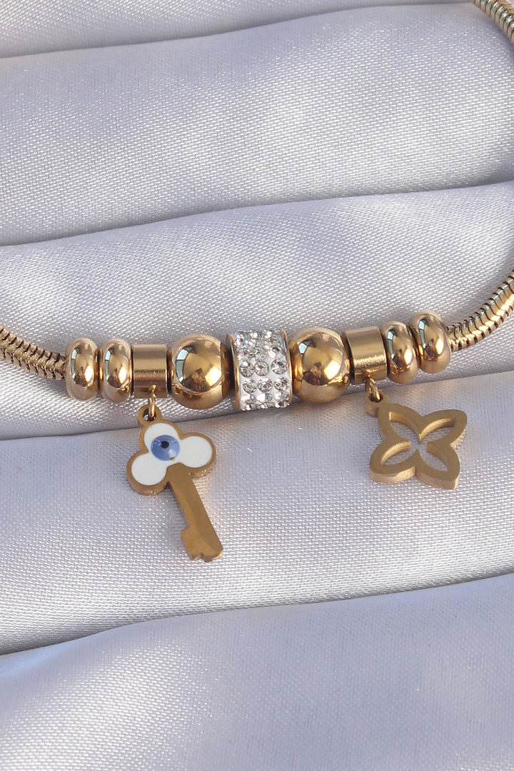 EBJ 316L Steel Gold Color Clover Detail Evil Eye Bracelet with Zircon Stone Key Design - Zacatelco