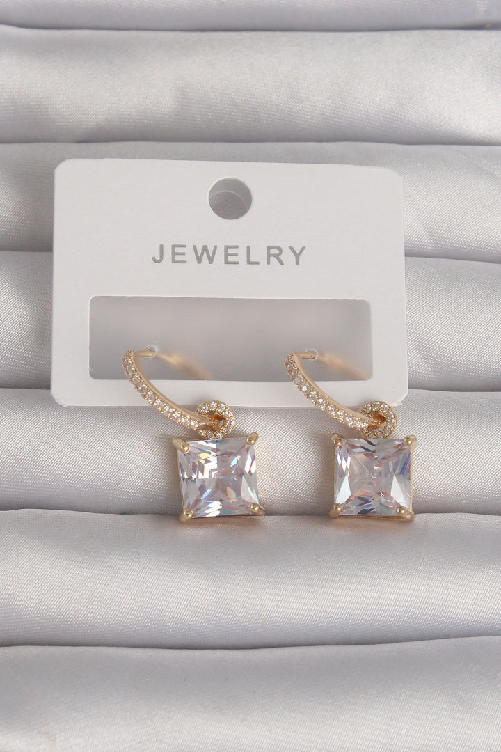 EBJ Gold Color Square Zircon Stone Ring Earring - Slobozia