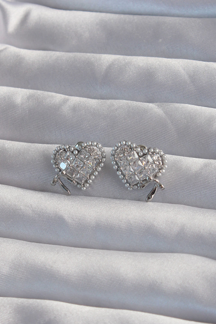 EBJ Rice Silver Color Bow Detail Pearl Zircon Stone Heart Earrings - Trenton