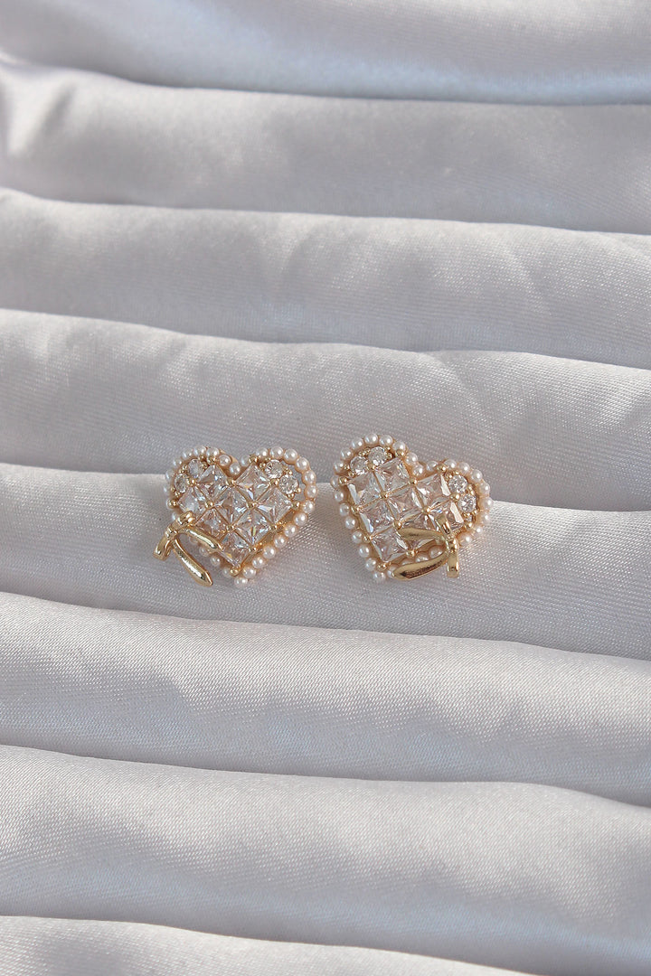 EBJ Rice Gold Color Bow Detail Pearl Zircon Stone Heart Earrings - Boca Raton