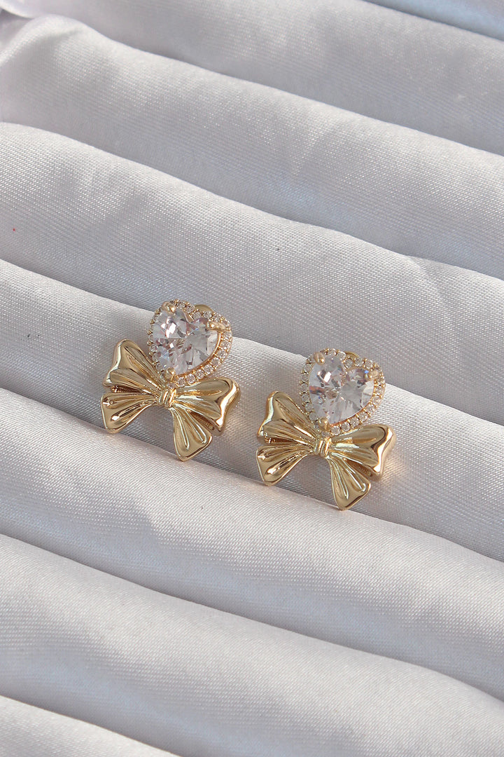 EBJ Rice Gold Color Zircon Stone Heart Model Bow Earring - Brighton