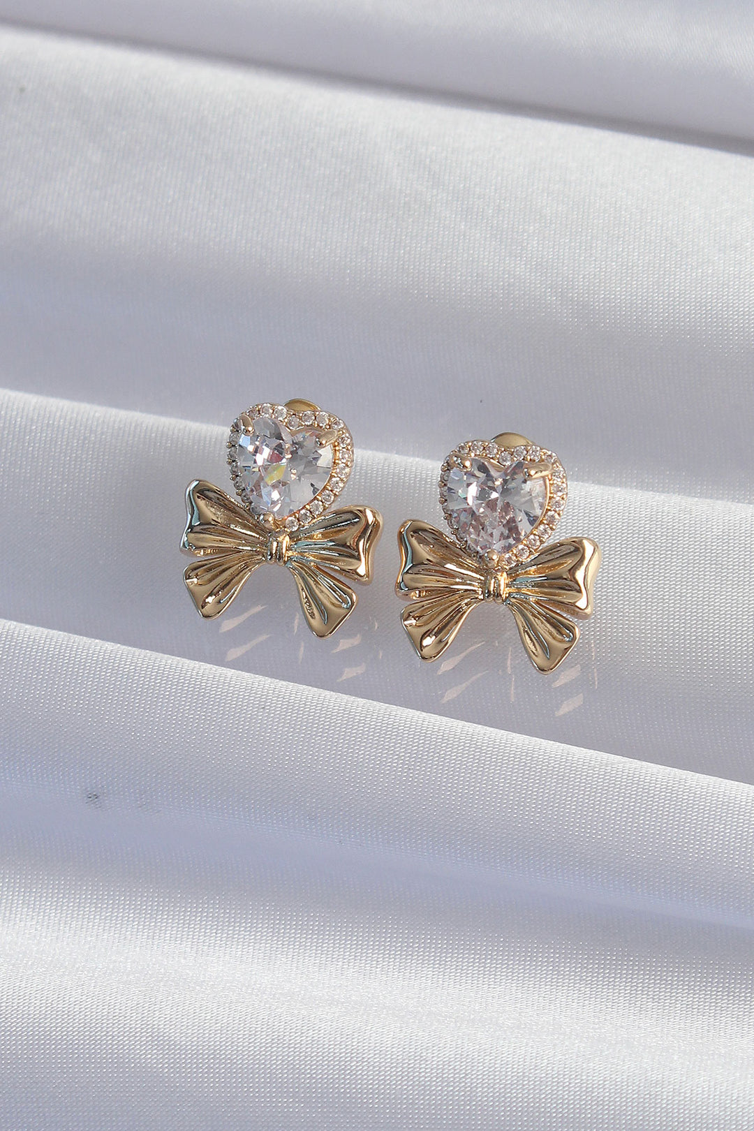 EBJ Rice Gold Color Zircon Stone Heart Model Bow Earring - Brighton