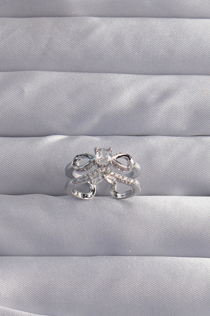 EBJ Adjustable Silver Color Zircon Stone 2-Piece Bow Ring - Apatzingan de la Constitucion