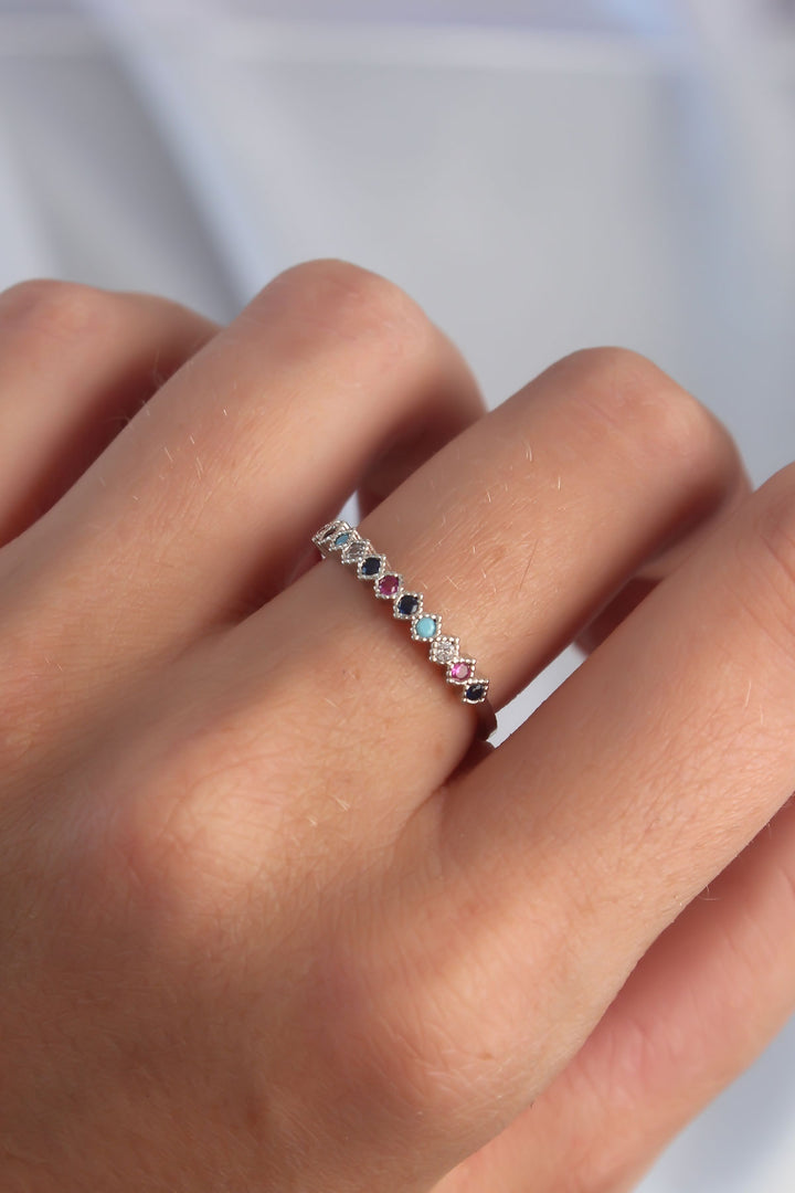 EBJ Adjustable Ring with Rice Silver Color Multi-Colored Zircon Stones - Costa Mesa