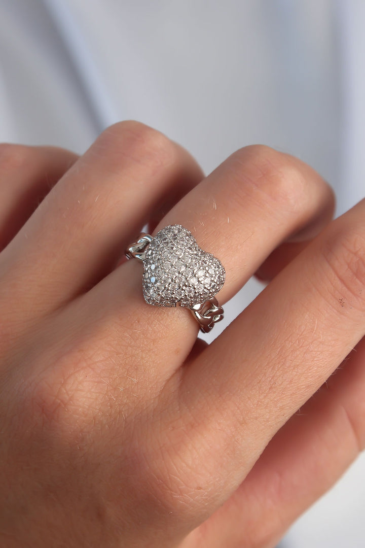 EBJ Adjustable Silver Color Zircon Stone Embellished Heart Ring - Leighton Buzzard